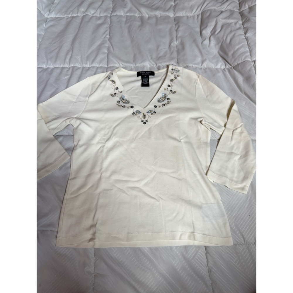 Nine West‎  V Neck Embroidery White Top S  3/4 Sleeve Cotton A1-0035